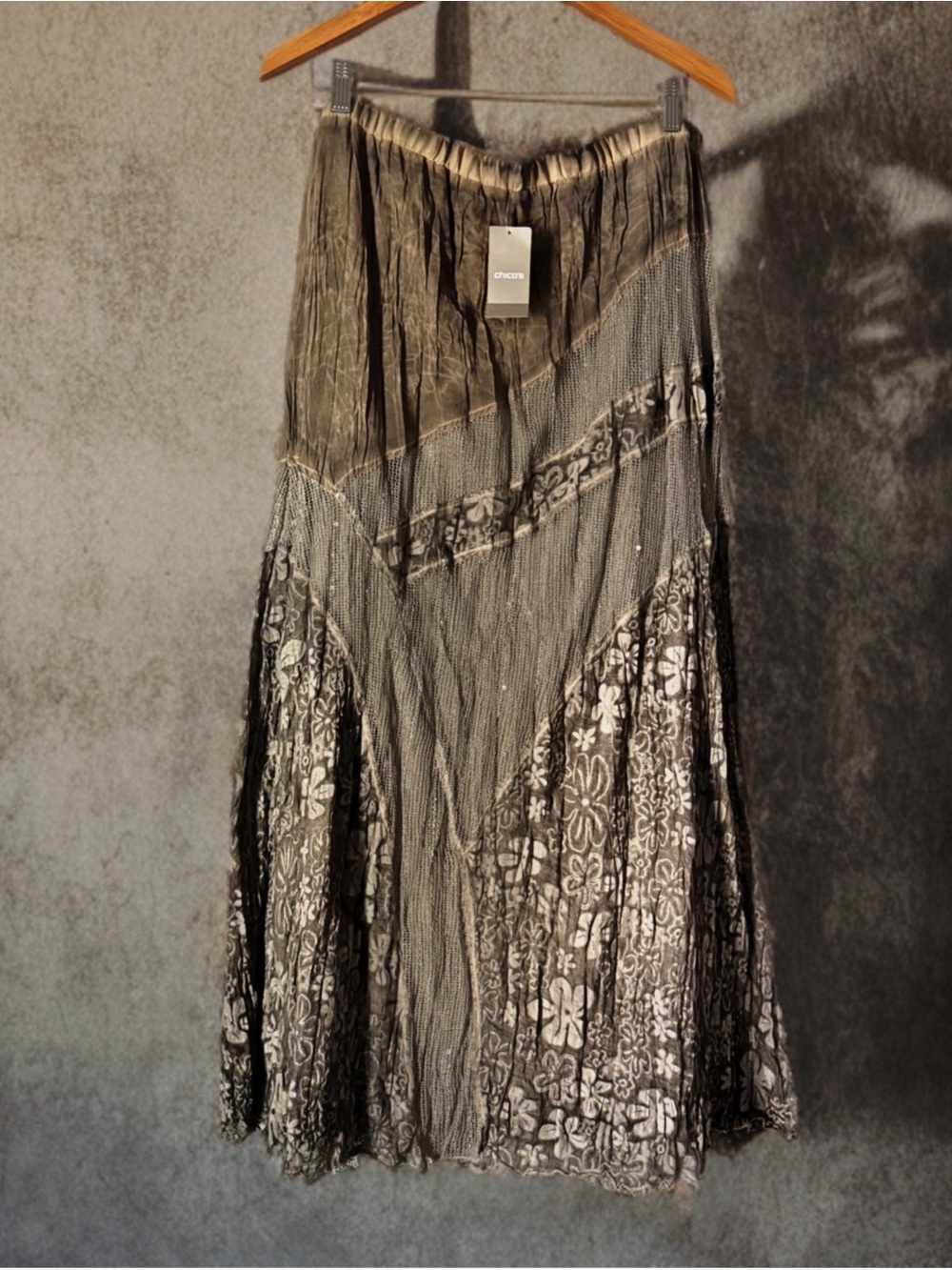 Chico’s Pieced Novelty Maxi Skirt 2 (12/14) Taupe Boho Lace Mesh NWT $119